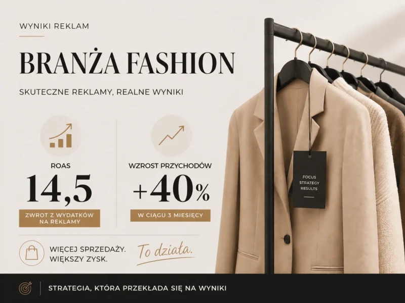 Case study sklepu z odzieżą: wyniki kampanii Google Ads i Meta Ads, obok wieszak z beżowymi marynarkami